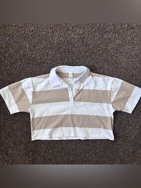 Full Tilt brand tan and white striped cropped polo, Size XS
